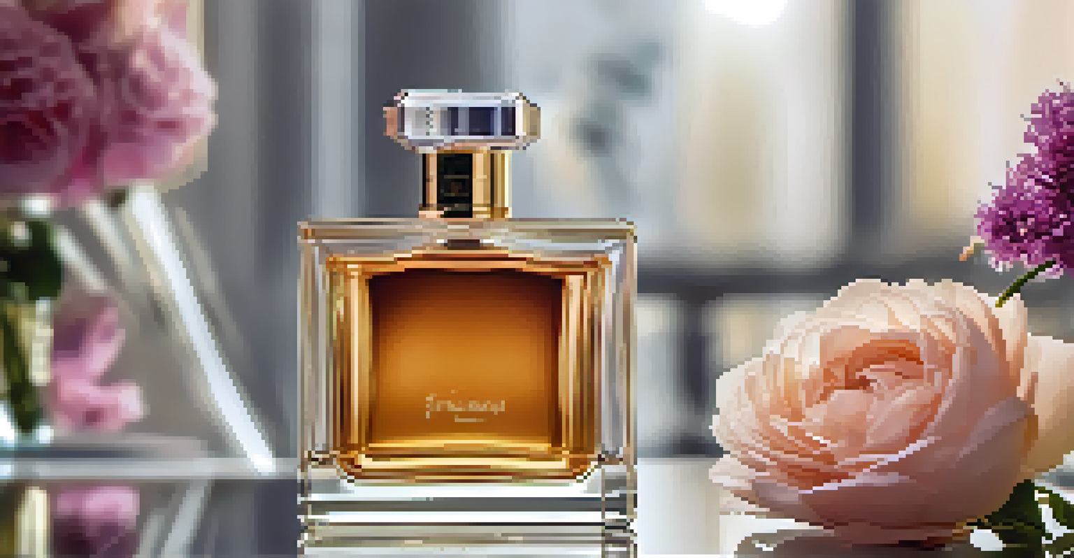 A close-up of an ornate luxury perfume bottle on a glass table with floral arrangements in the background.