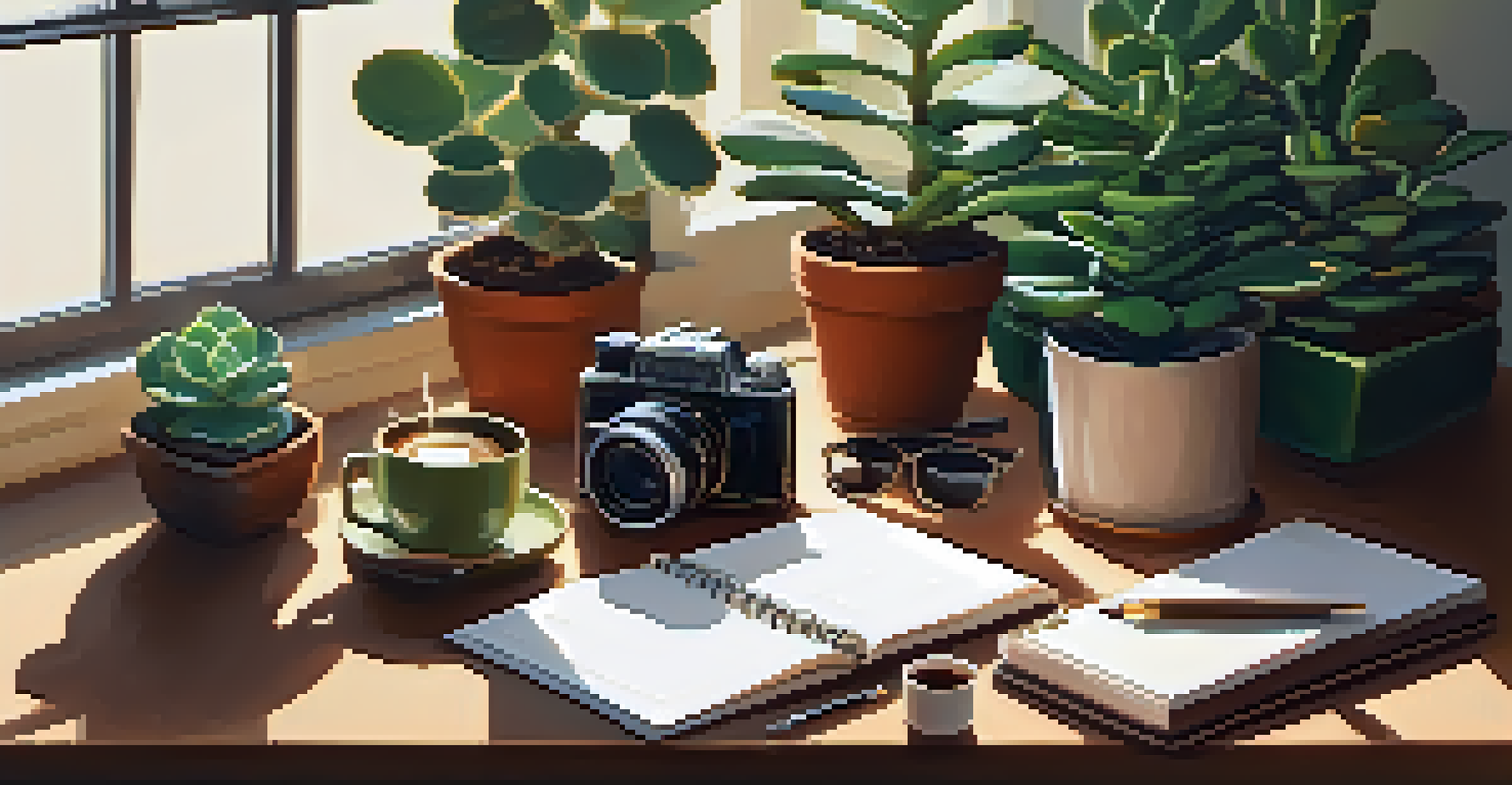A flat lay of a cozy workspace with a notebook, coffee, vintage camera, and green plants, illuminated by warm sunlight.