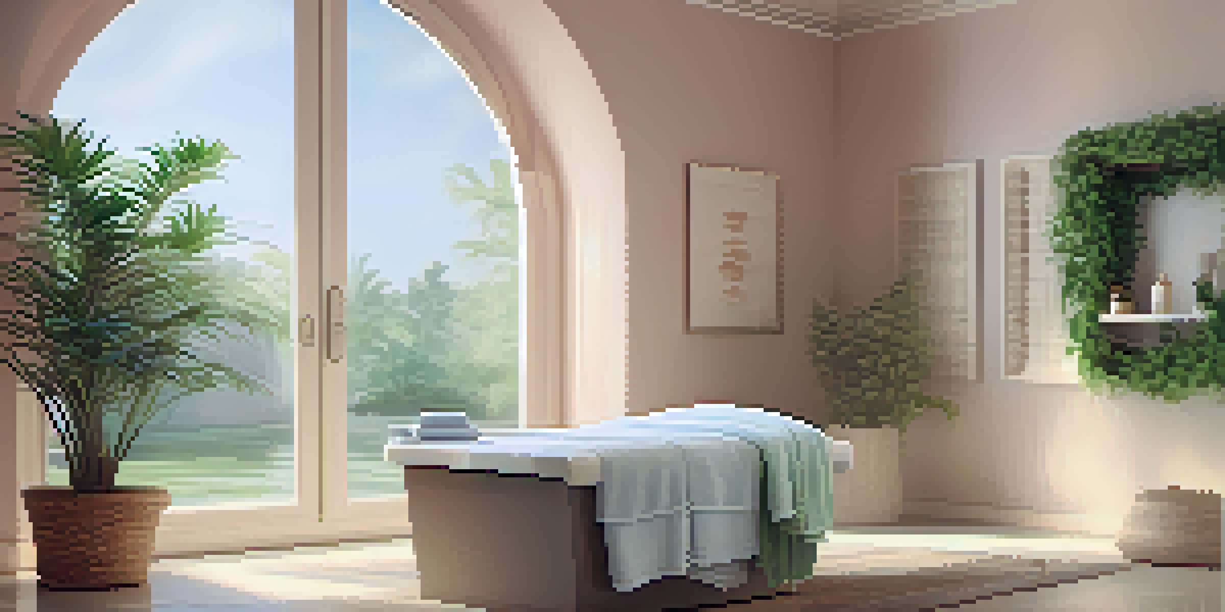 A peaceful spa setting with soft lighting, essential oils, and a treatment table surrounded by greenery.