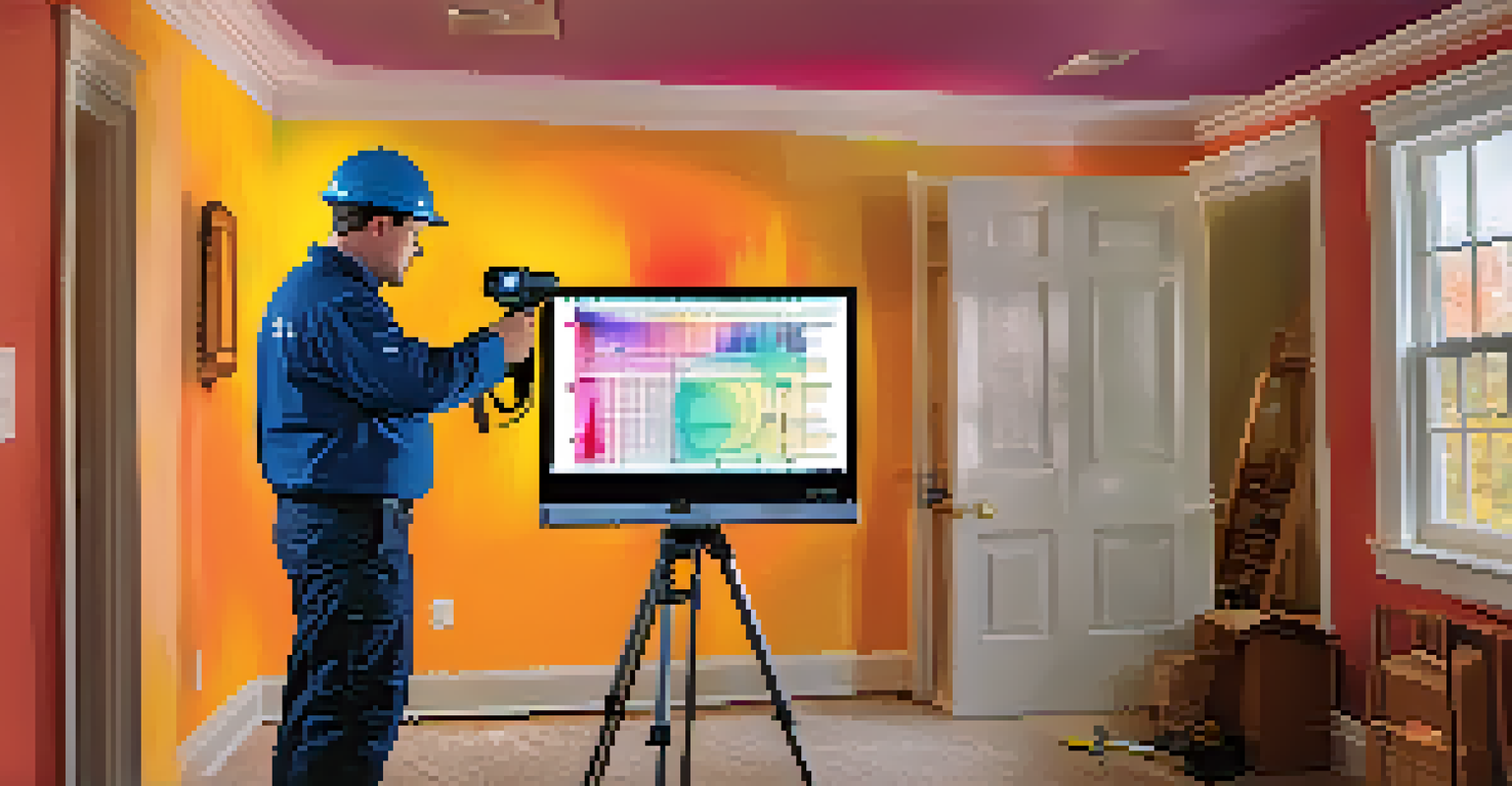 An inspector evaluating a house's insulation with a thermal imaging camera, showcasing the importance of sustainable home inspections.