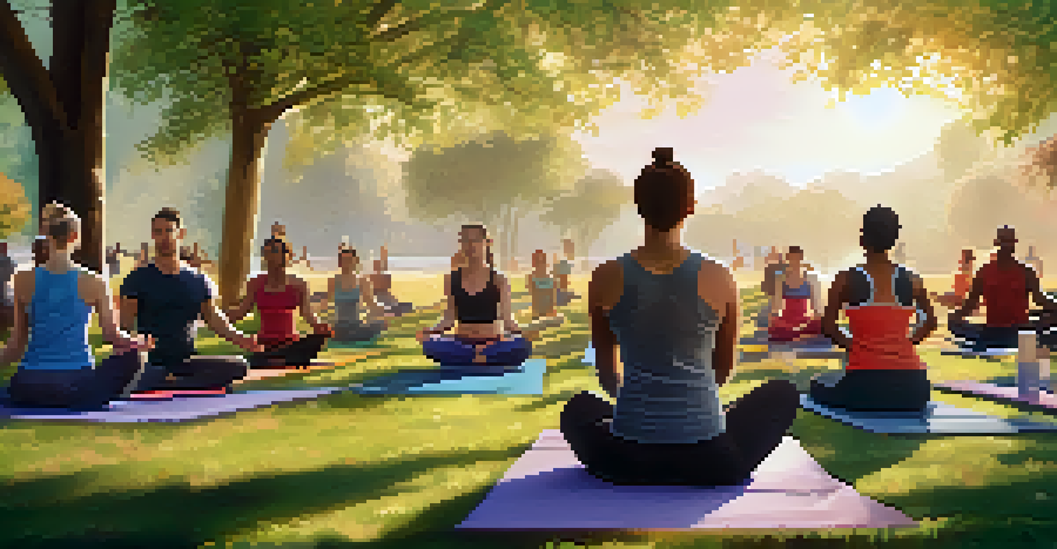 A diverse group of individuals practicing yoga in a serene park during sunrise, highlighting community and inclusivity in fitness.