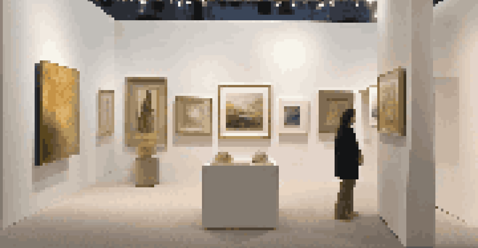 A close-up of an elegant art gallery booth showcasing contemporary artworks at a luxury art fair.