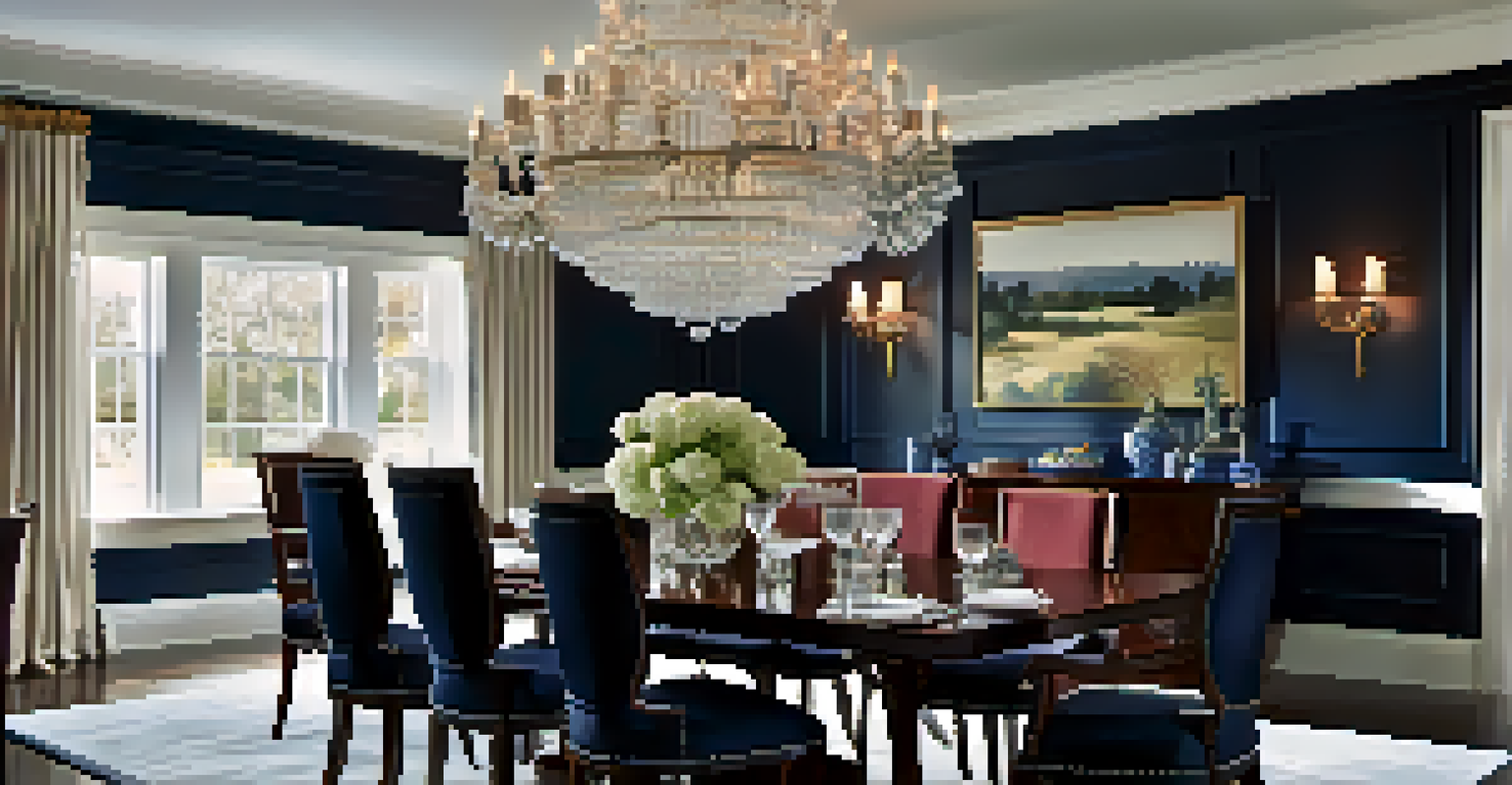 An elegant dining room with a glossy navy blue dining table and burgundy upholstered chairs, illuminated by a modern chandelier.