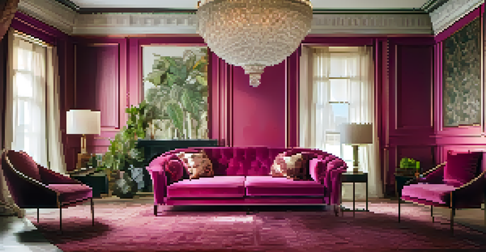 A vibrant living room with a fuchsia sofa and geometric cushions, surrounded by patterned wallpaper and warm lighting.