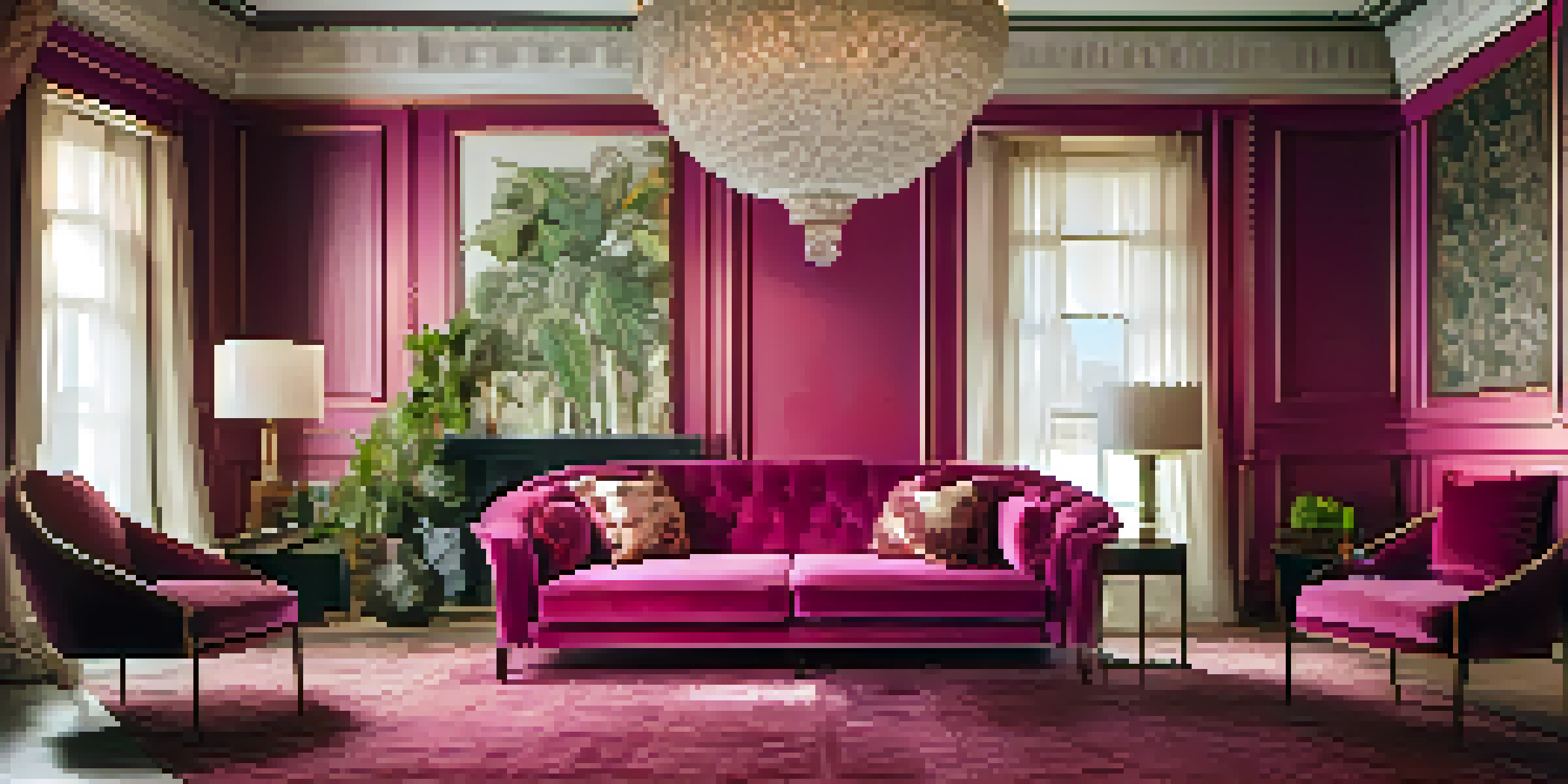 A vibrant living room with a fuchsia sofa and geometric cushions, surrounded by patterned wallpaper and warm lighting.