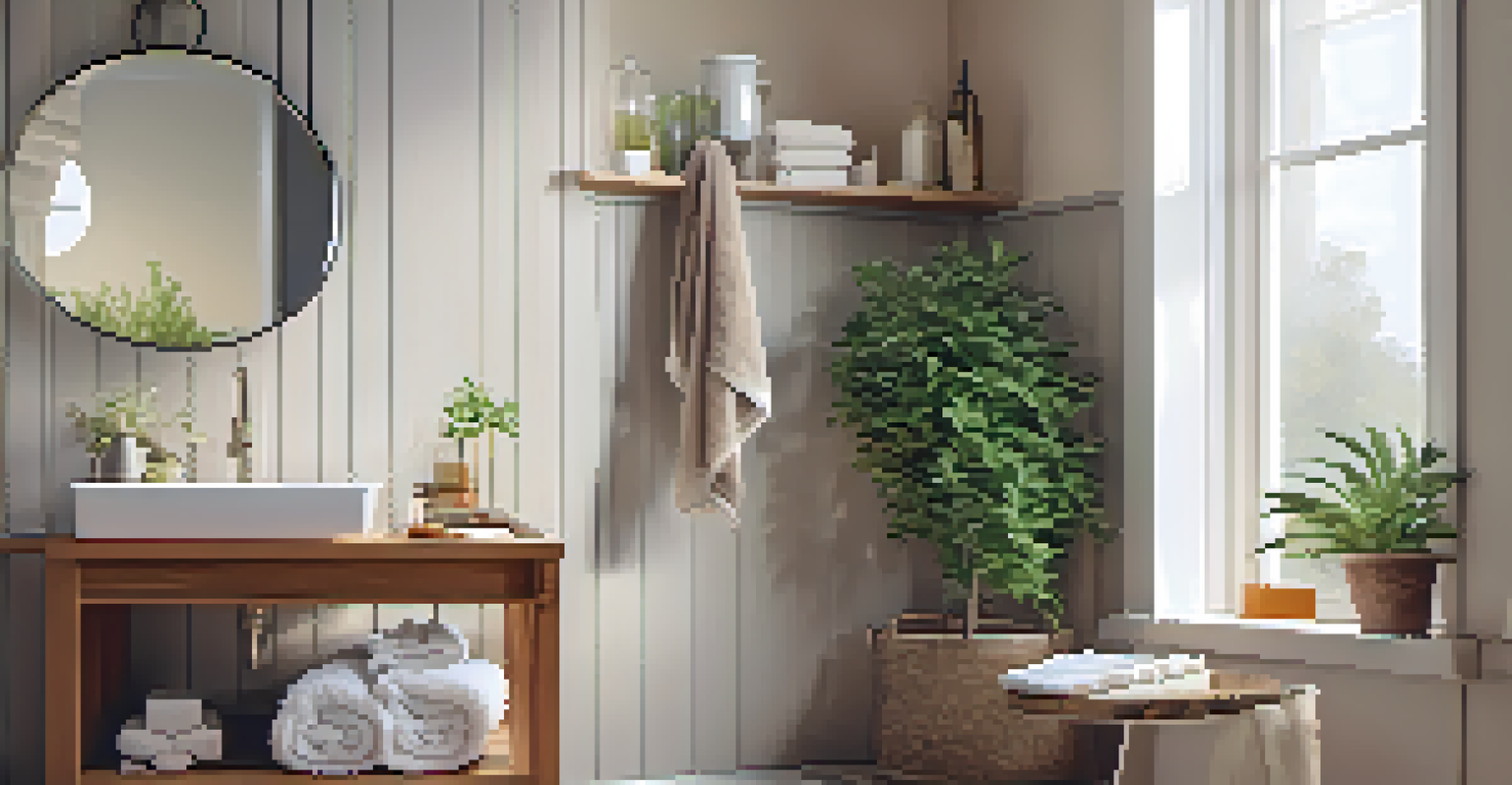 A cozy bathroom corner with a stool holding herbal tea, a plant, and neatly arranged towels in warm lighting.