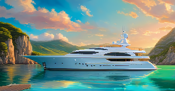 A private yacht anchored in a clear turquoise bay, surrounded by green hills and under a blue sky with clouds.