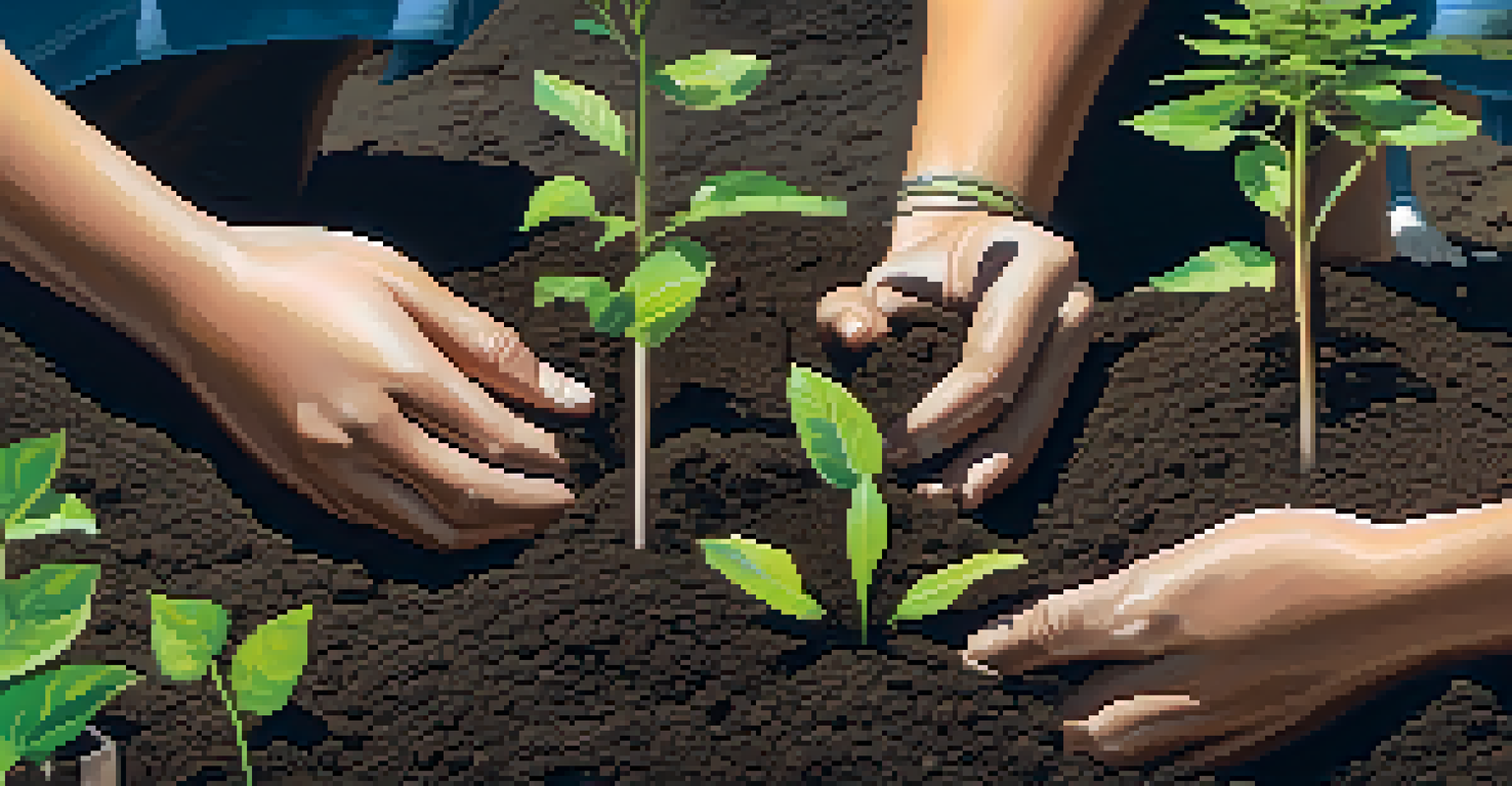 Hands planting a young tree in the soil with seedlings around, symbolizing reforestation efforts.