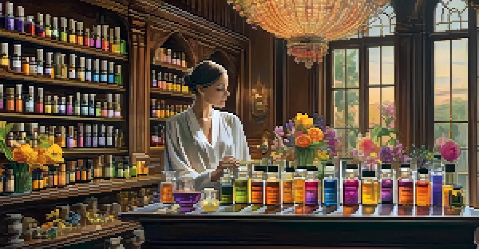 A sophisticated fragrance consultation with essential oils and colorful natural ingredients in a luxurious setting.