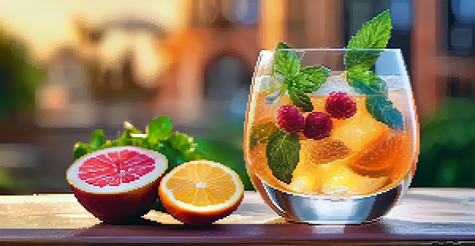 A close-up of a luxurious non-alcoholic beverage in a crystal glass, garnished with herbs and fruits, set in a serene outdoor environment.