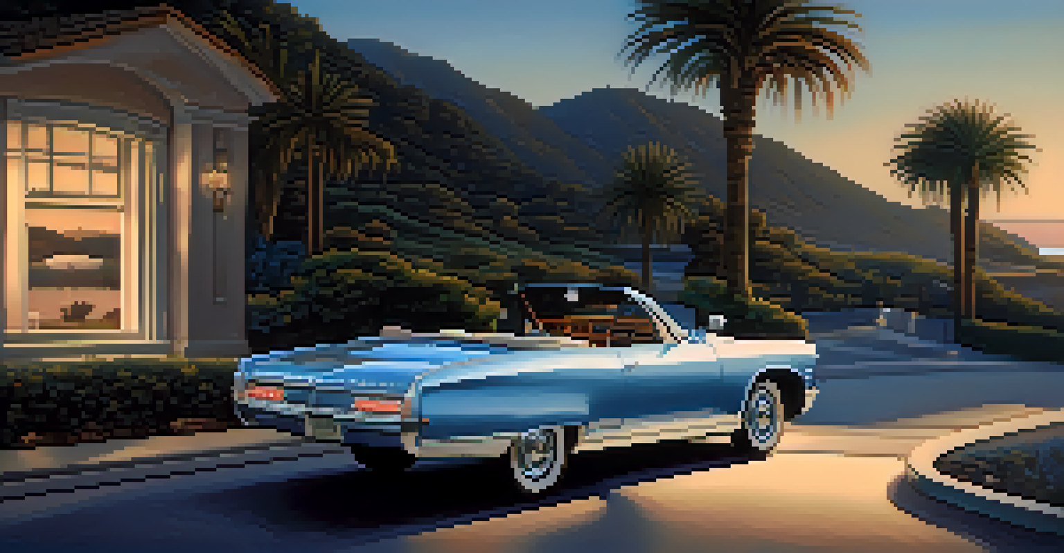 A luxury car interior illuminated with soft blue ambient lighting, parked by the ocean at sunset.