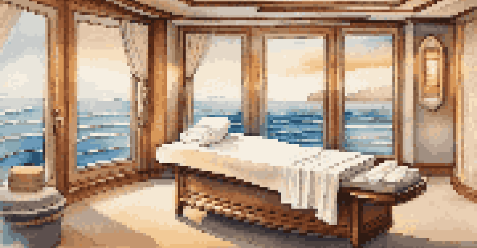 A tranquil spa room on a cruise ship, with a massage table, candles, and an ocean view.