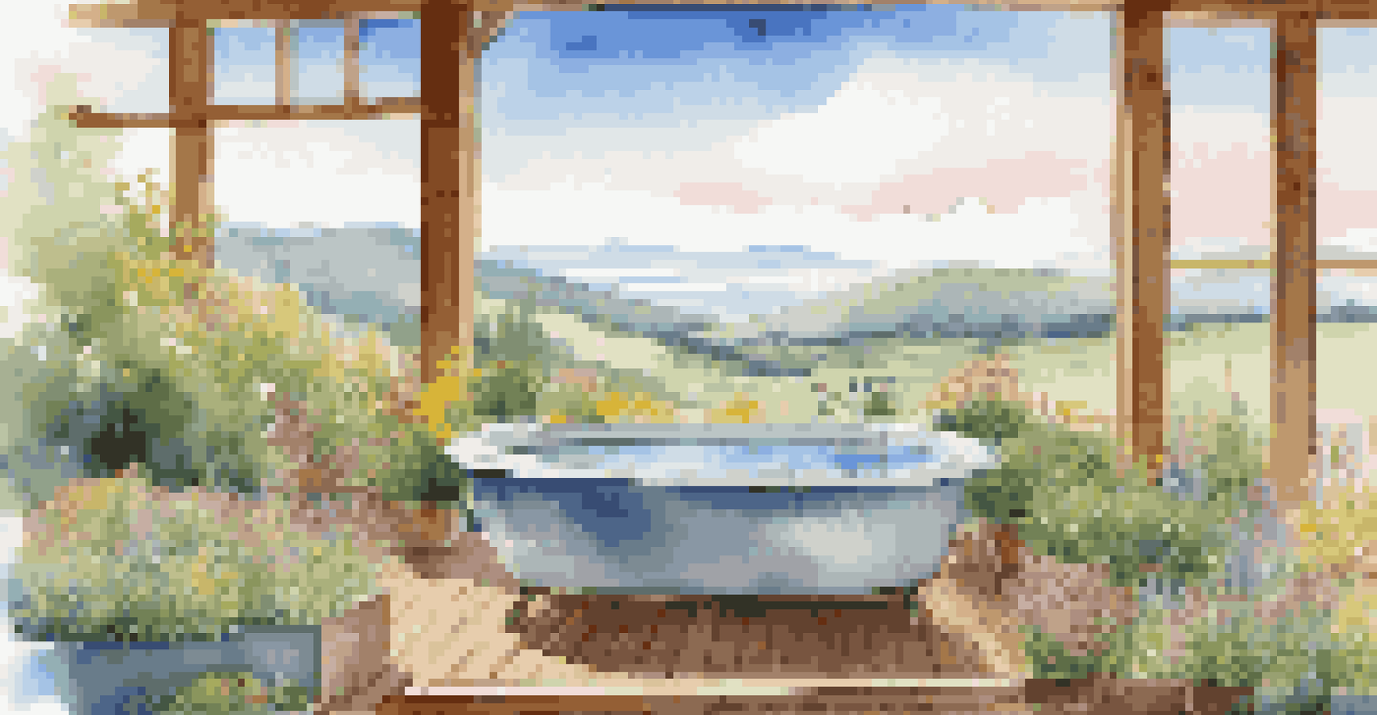 An outdoor spa with a soaking tub on a wooden platform, surrounded by colorful flowers and a view of hills under a clear blue sky.
