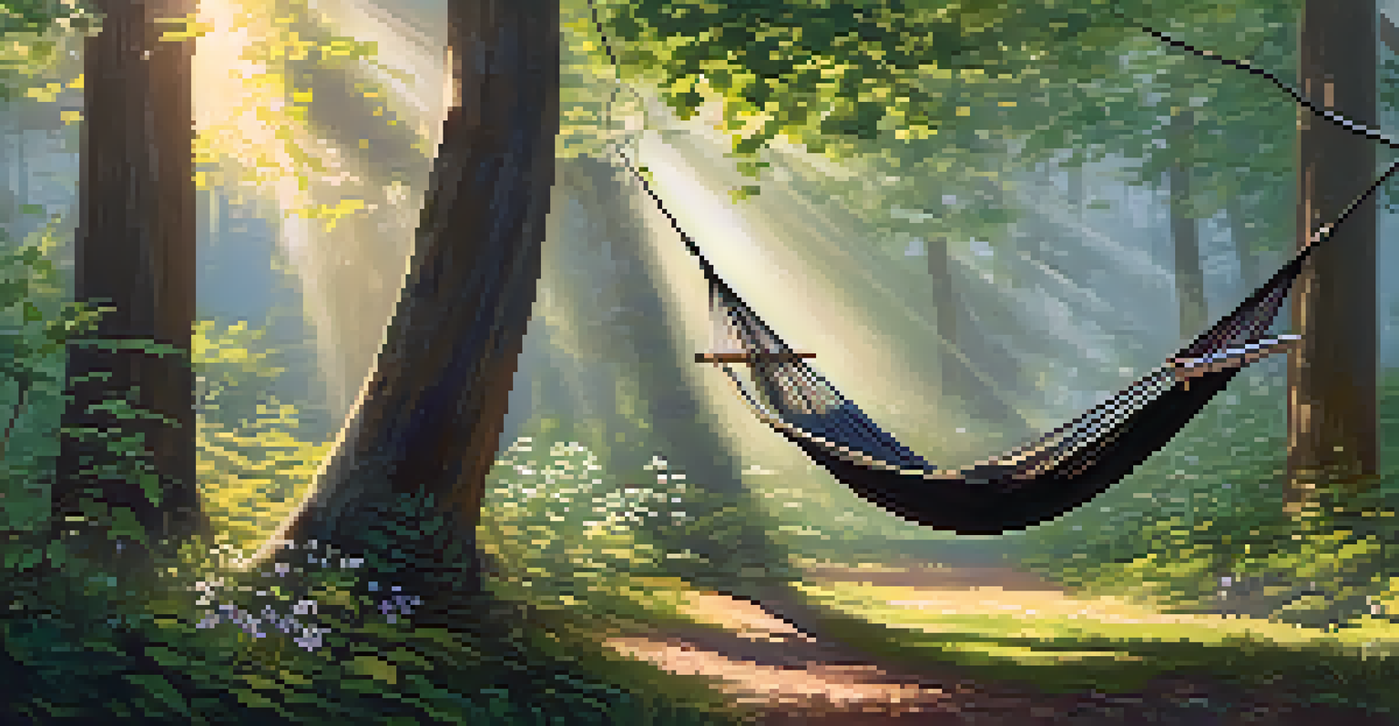 A peaceful forest scene with a hammock, journal, and tea, surrounded by sunlight and wildflowers.