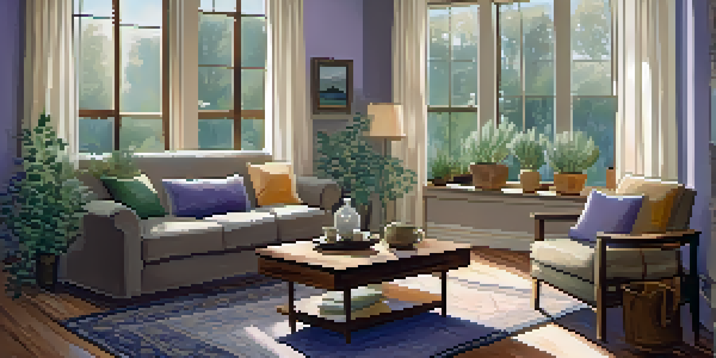 A warm and inviting living room with a beeswax candle, lavender, and eucalyptus plants, illuminated by natural light.