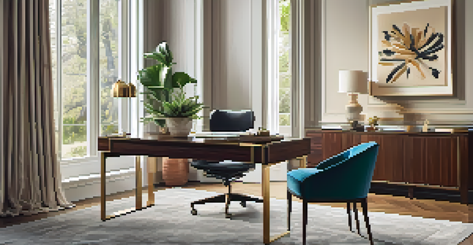A luxurious home office featuring a wooden desk by a window with natural light, an ergonomic chair, and a potted plant.