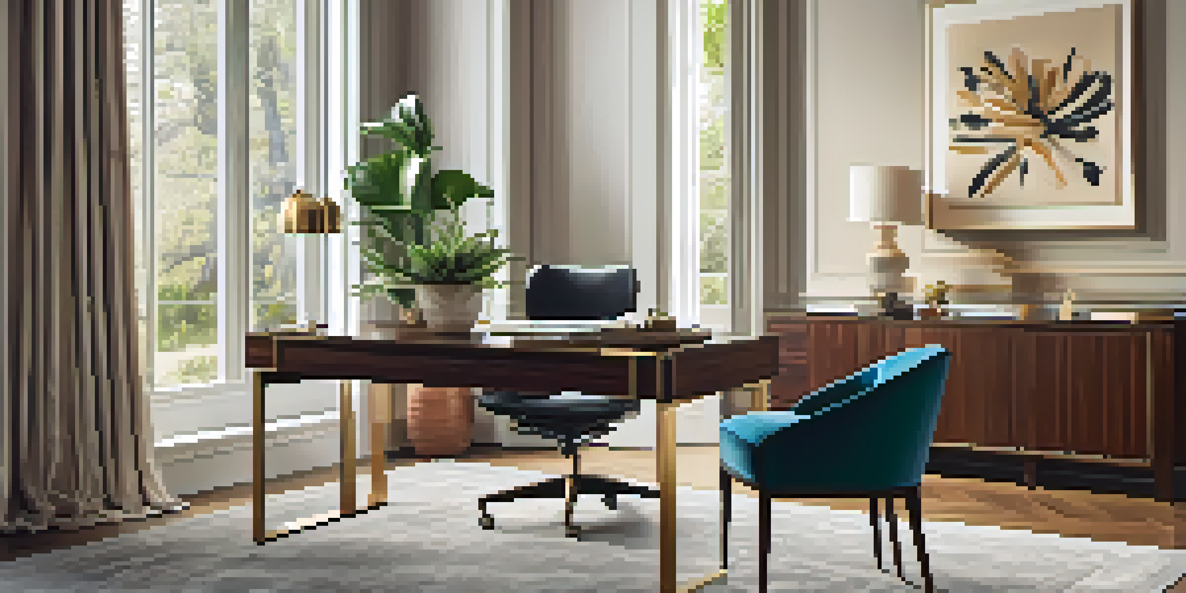 A luxurious home office featuring a wooden desk by a window with natural light, an ergonomic chair, and a potted plant.
