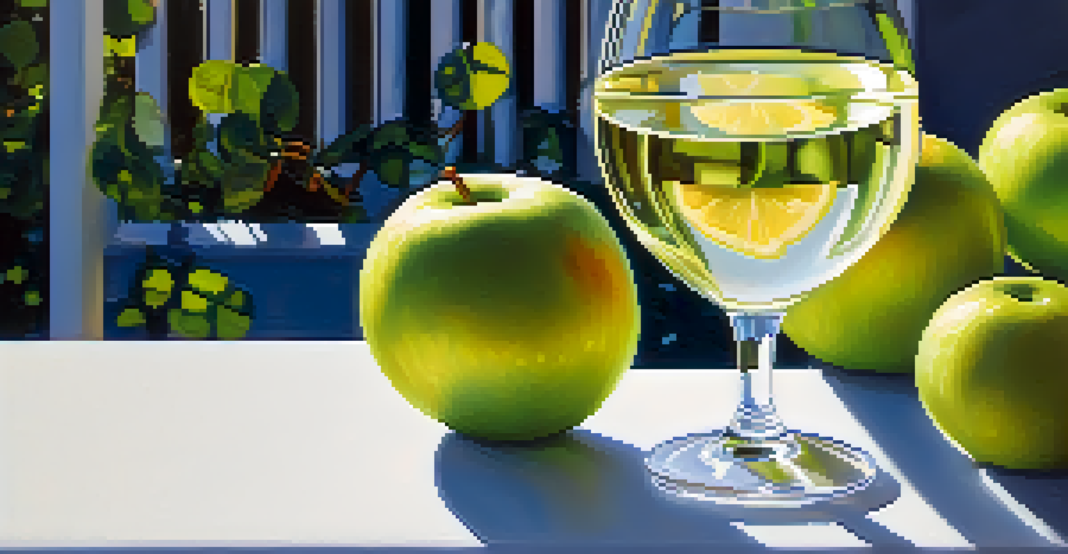 A close-up of a white wine glass filled with Sauvignon Blanc, with condensation on the glass and fresh fruits around it, set against a sunlit patio background.