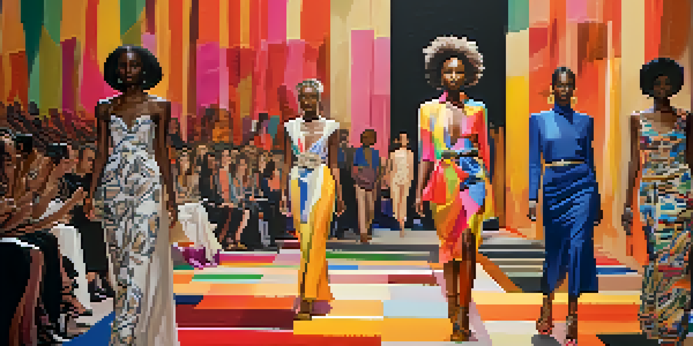 A fashion show runway with models showcasing colorful fabrics and banners promoting human rights messages in a warmly lit setting.