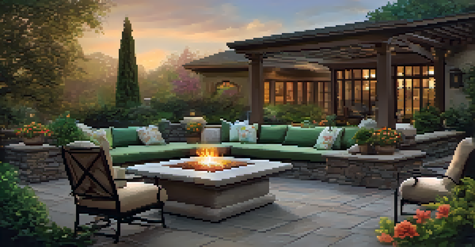 An outdoor fire pit made of natural stone, with cozy seating and ambient lighting, surrounded by greenery and flowers.