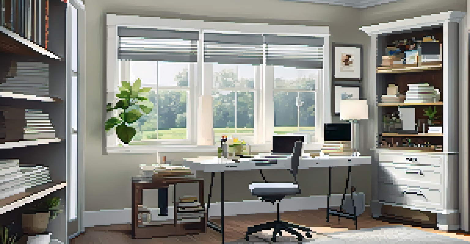 An organized home office featuring a clutter-free desk, a digital note-taking app, and bright natural light.