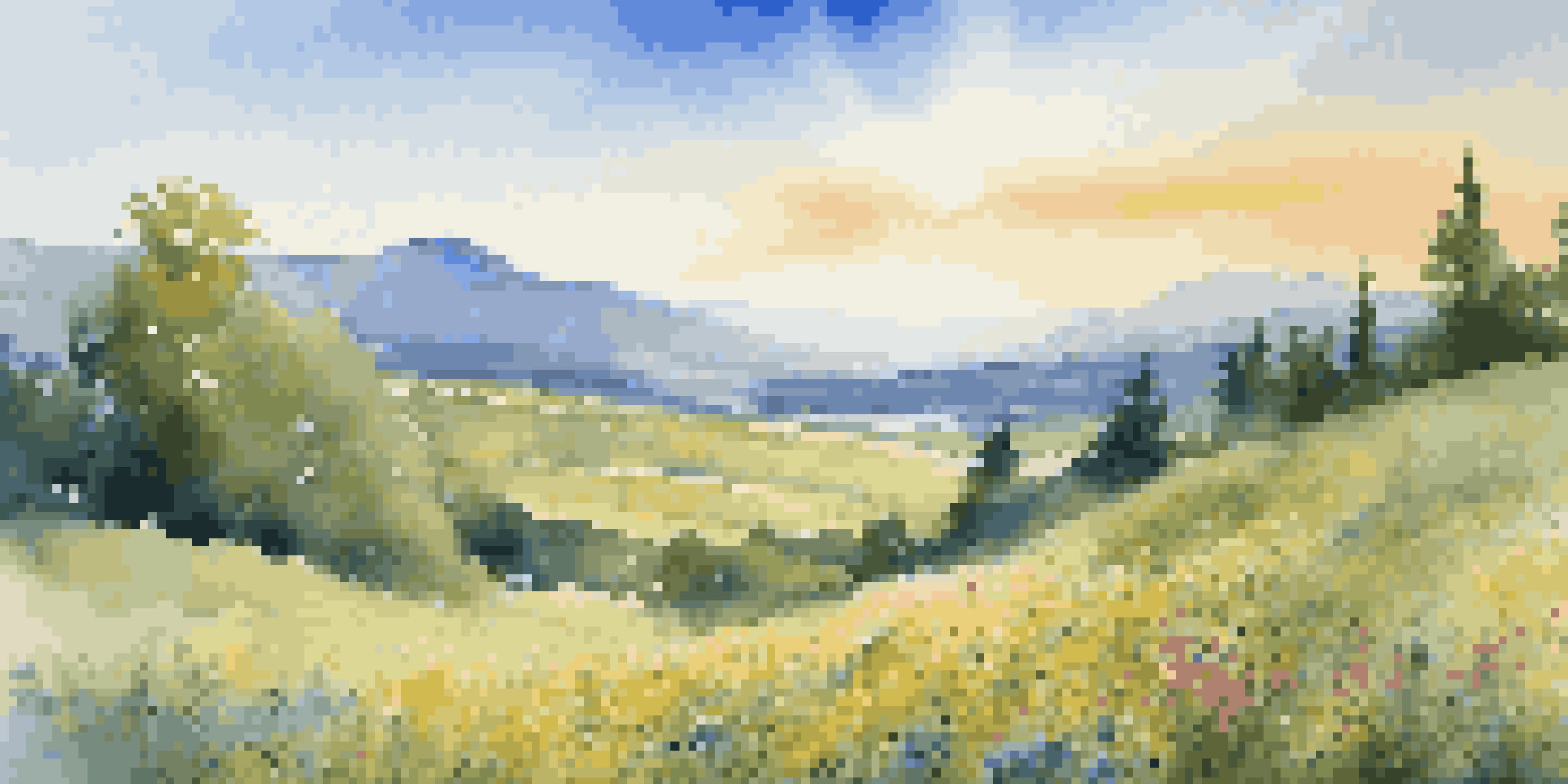 A lush green field under a bright blue sky with colorful wildflowers and distant mountains.