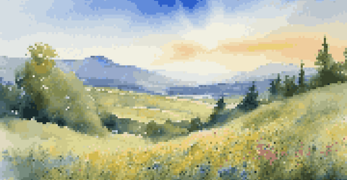 A lush green field under a bright blue sky with colorful wildflowers and distant mountains.