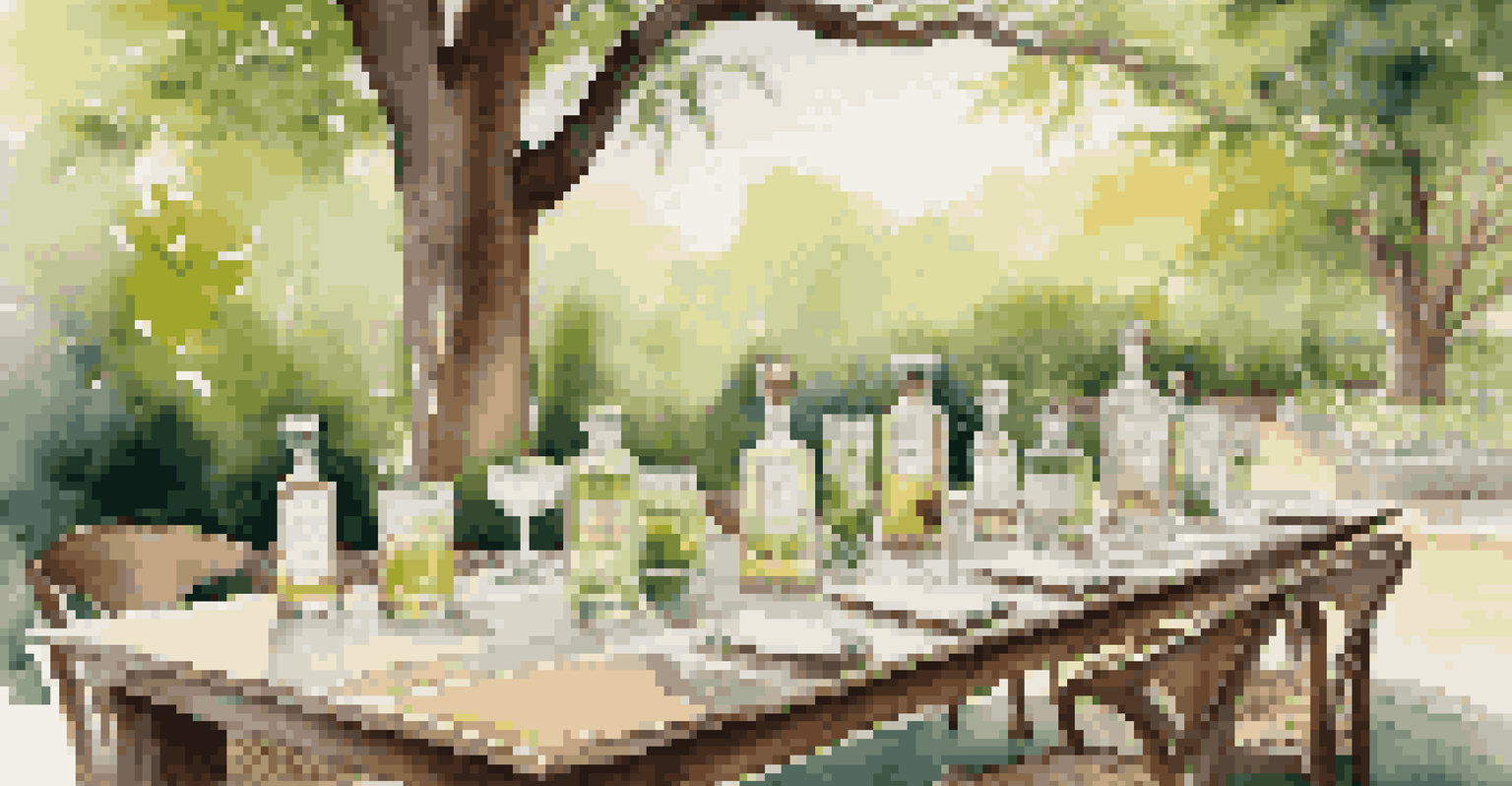 An outdoor luxury spirits tasting setup with a rustic wooden table, elegant glassware, and premium spirits, illuminated by soft sunlight in a scenic garden.