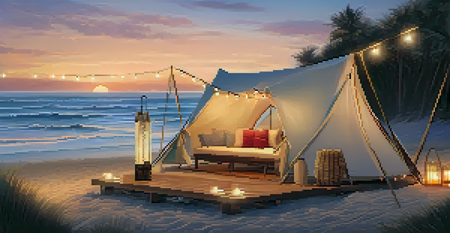 A coastal glamping tent on the beach at sunset with a view of the ocean and comfortable seating.