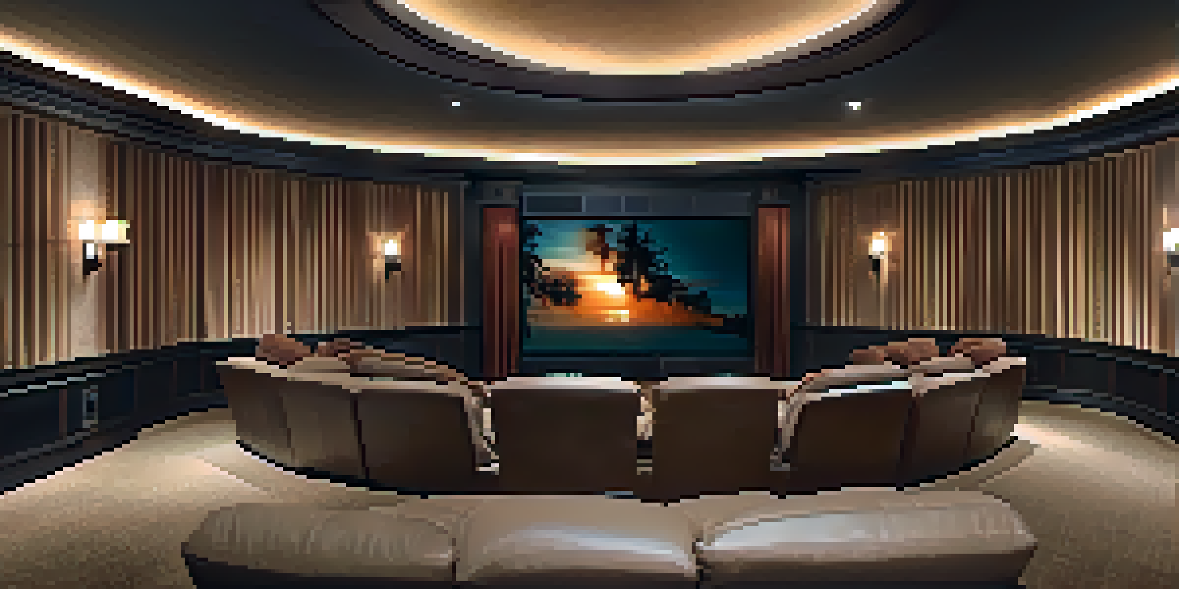 A luxurious home theater with plush seating and an integrated surround sound system.