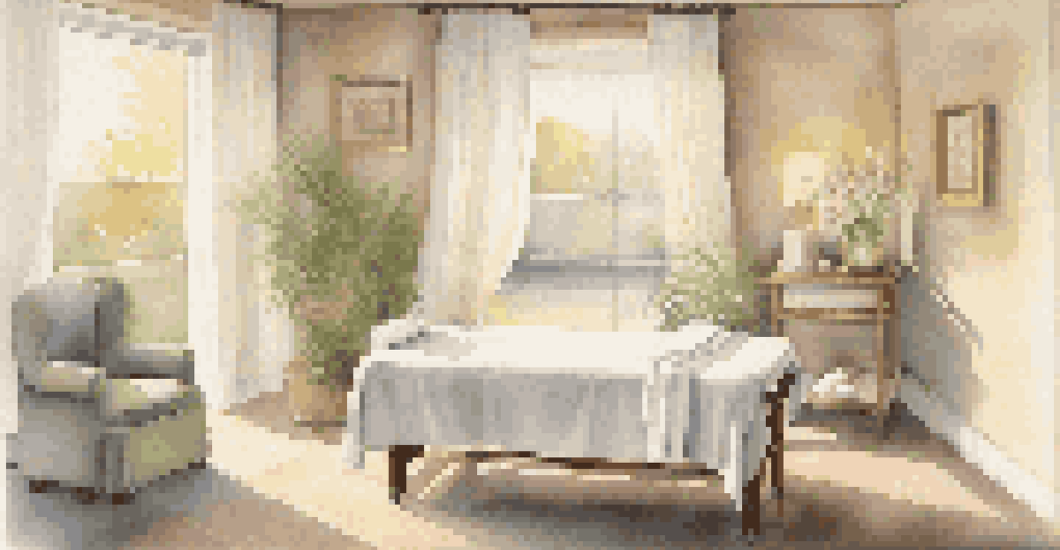 A peaceful massage room with soft colors, natural light, and a massage table decorated with flowers and essential oils.