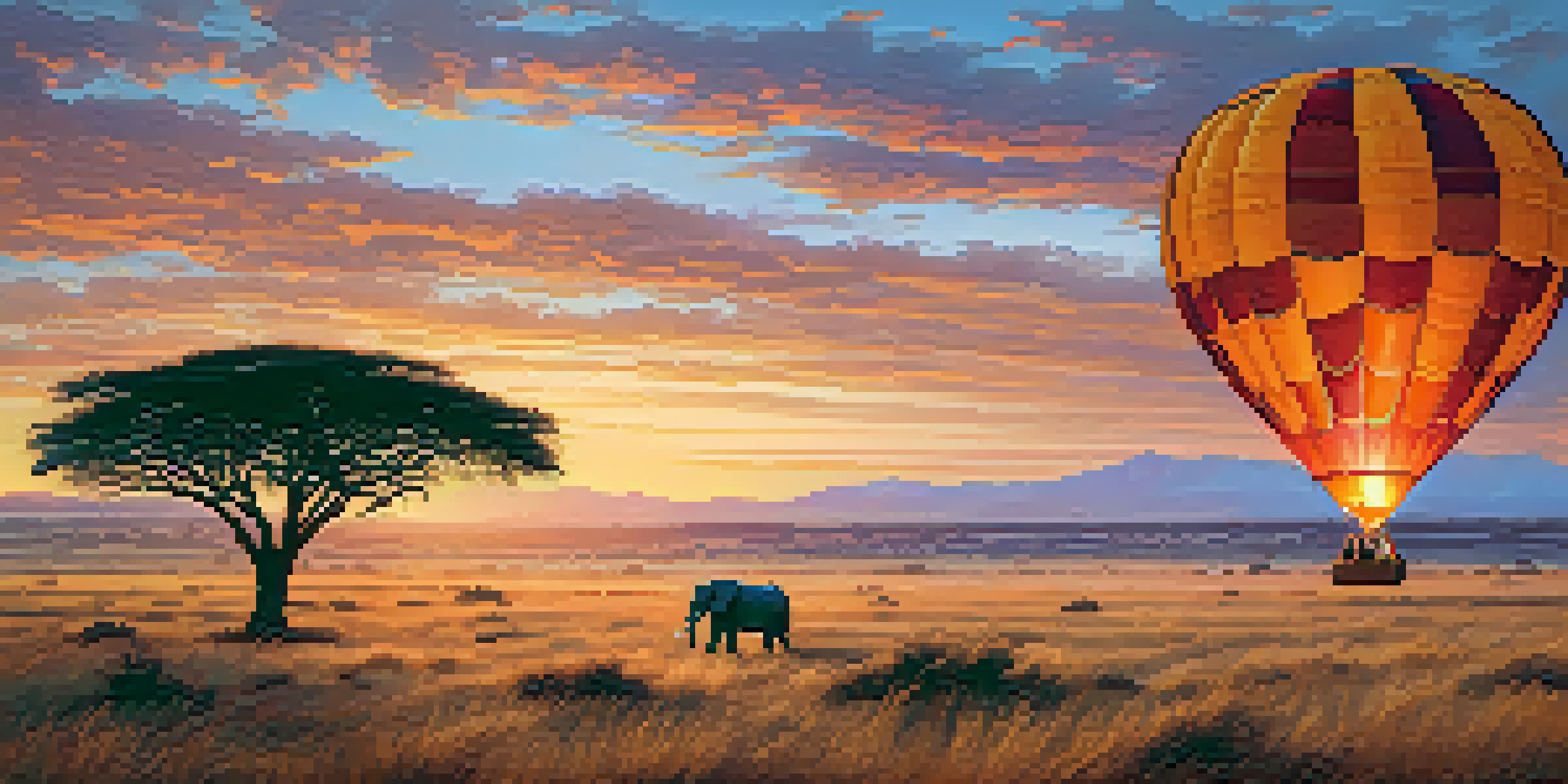 A hot air balloon in the sky over the Serengeti at sunrise, with a picnic spread on the ground.