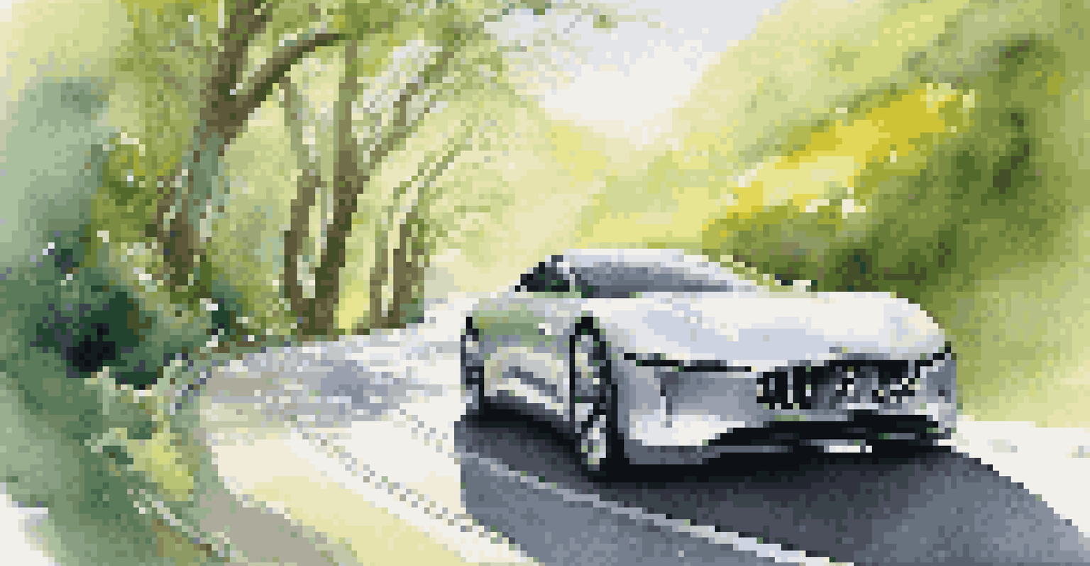 A luxury car navigating a scenic road, showcasing its design and advanced safety features.