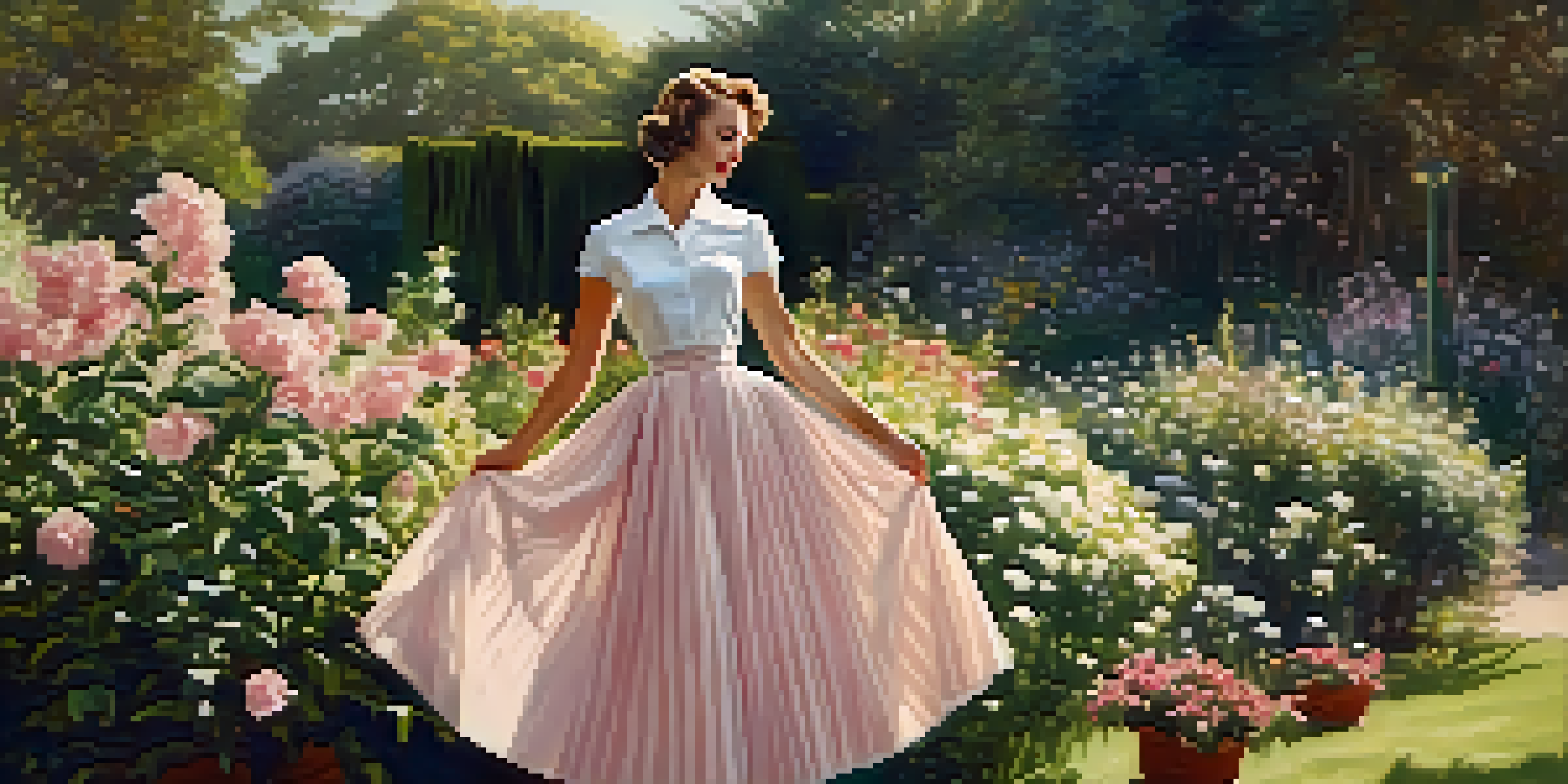 A woman in a 1950s fashion outfit with a full skirt, standing in a garden filled with flowers, illuminated by soft sunlight.