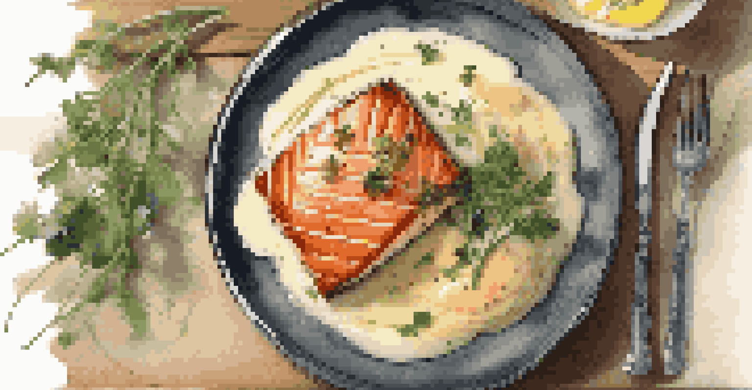 A gourmet plate of seared salmon on creamy mashed potatoes, beautifully garnished, arranged on a rustic wooden table.