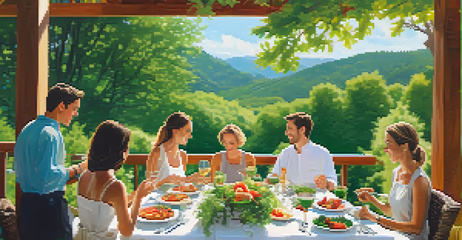 A gourmet dining experience at a mindfulness retreat with beautifully arranged dishes and participants enjoying their meals in nature.