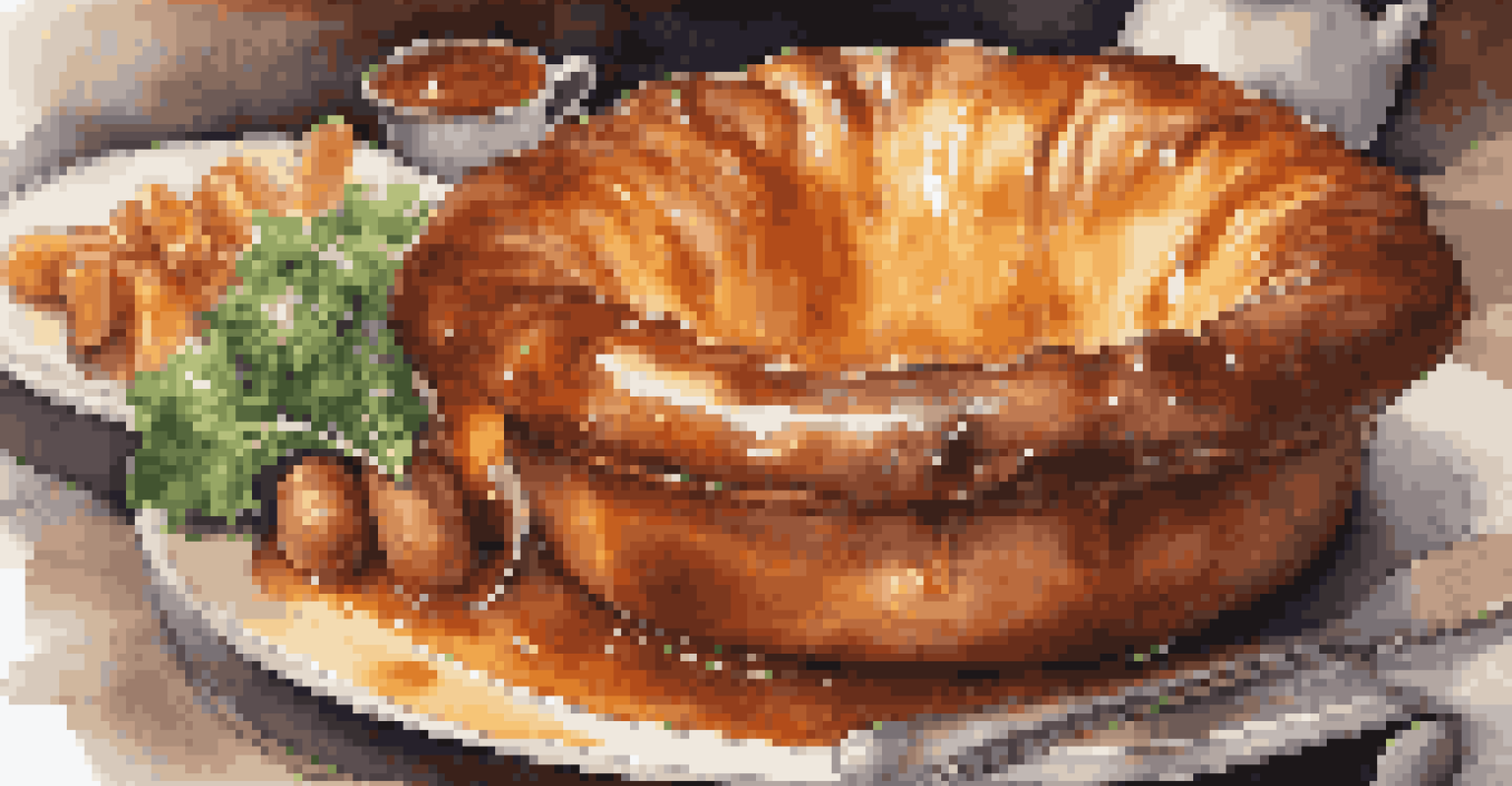 A close-up of a Giant Yorkshire Pudding filled with sausages, vegetables, and gravy, showcasing its textures under soft lighting.