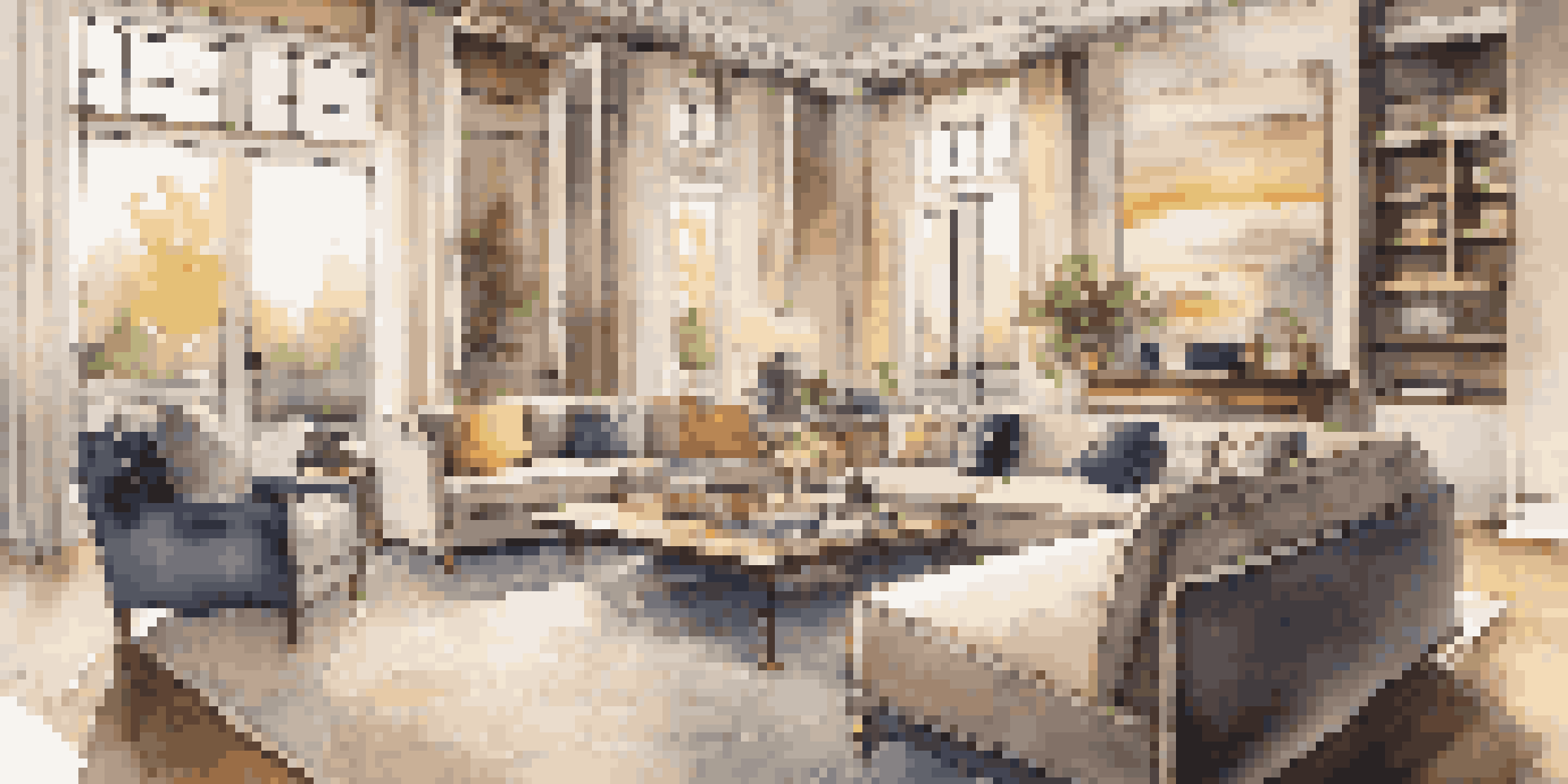 A luxurious living room with large windows, elegant furniture, and smart home technology, enhanced by ambient lighting.