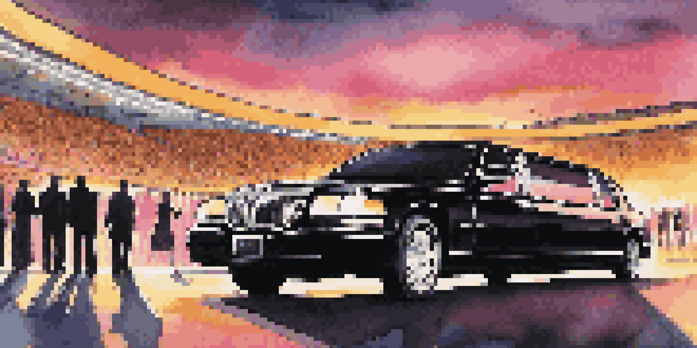 A black limousine parked outside a sports stadium with fans in stylish attire approaching it during sunset.