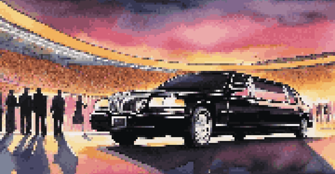 A black limousine parked outside a sports stadium with fans in stylish attire approaching it during sunset.
