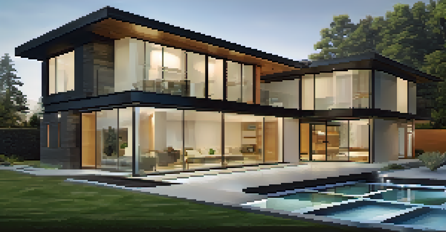A modern home exterior featuring high-tech security systems and landscaped surroundings.