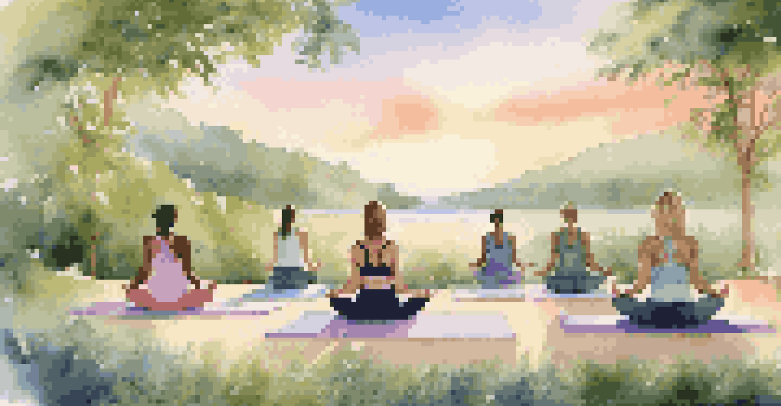 A peaceful outdoor wellness retreat with people practicing yoga at sunrise amid greenery.
