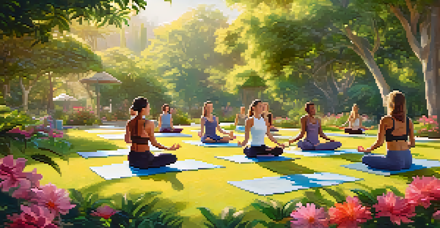 An outdoor yoga session in a beautiful garden, with participants practicing mindfulness surrounded by nature and vibrant flowers.