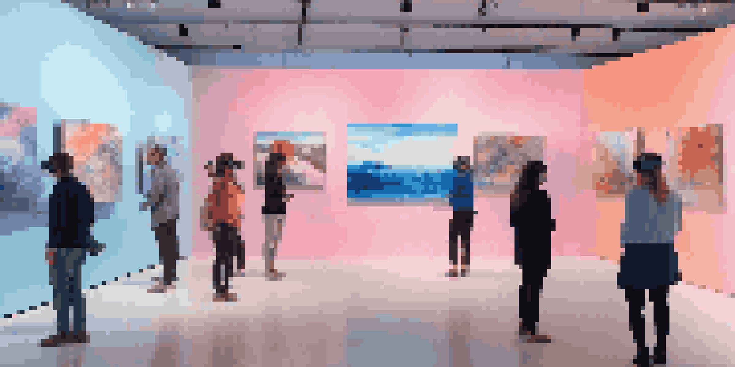 A virtual reality art gallery with visitors wearing headsets exploring colorful and dynamic artworks in a serene setting.