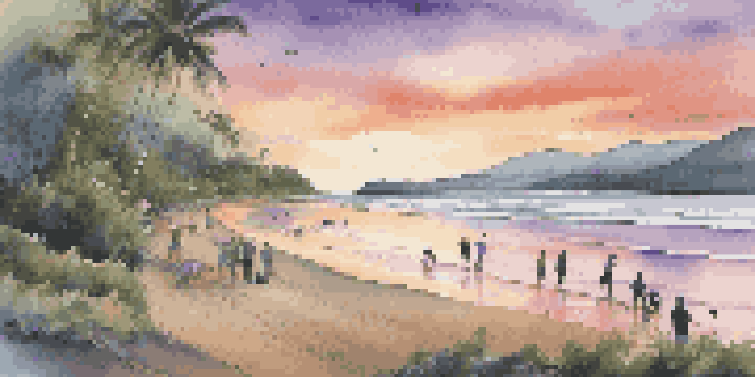 Volunteers planting trees on a serene beach in Costa Rica at sunset, with vibrant colors reflecting on the water.