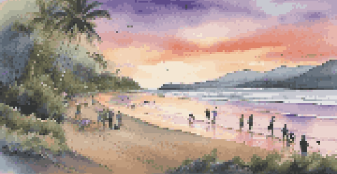 Volunteers planting trees on a serene beach in Costa Rica at sunset, with vibrant colors reflecting on the water.