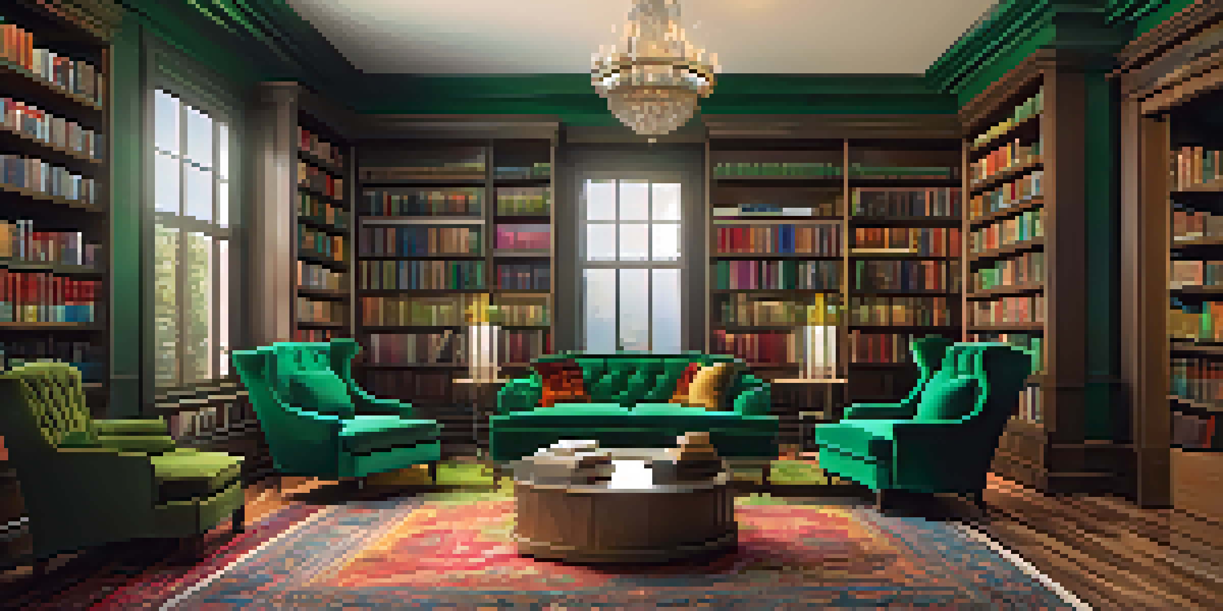 A cozy reading nook in a luxurious library with emerald green velvet armchairs, warm lighting, and colorful books on shelves.