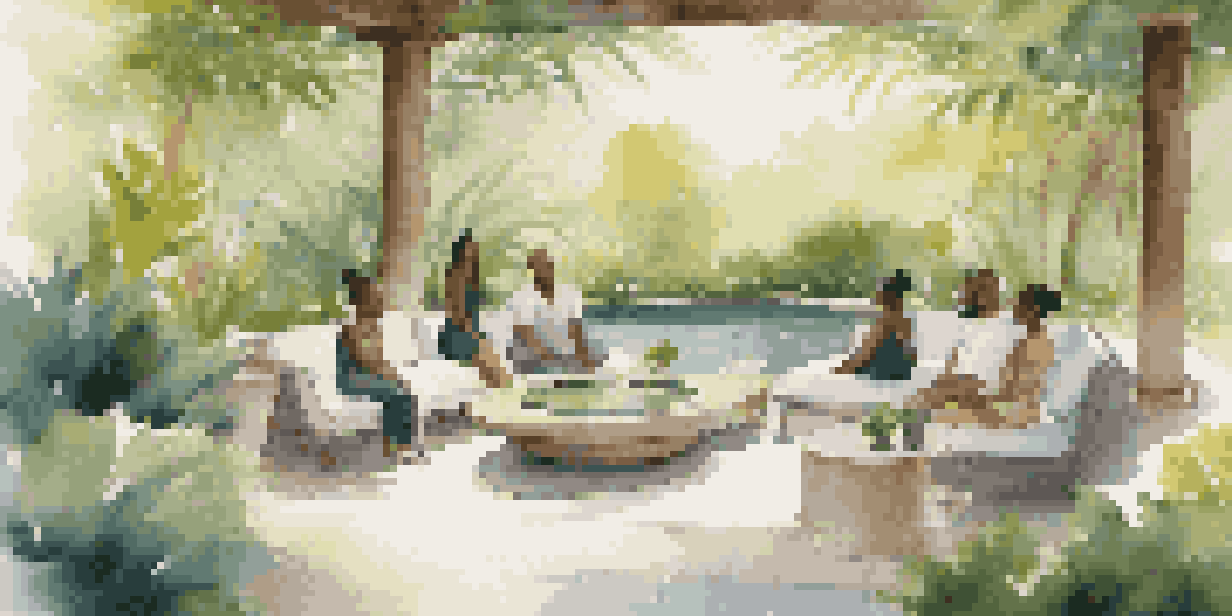 A group of diverse individuals participating in a wellness coaching session in a luxurious outdoor setting surrounded by greenery and water features.