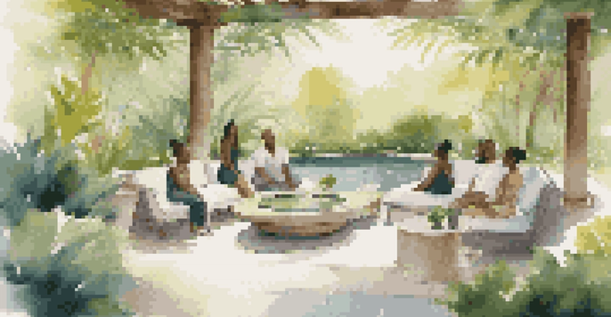 A group of diverse individuals participating in a wellness coaching session in a luxurious outdoor setting surrounded by greenery and water features.