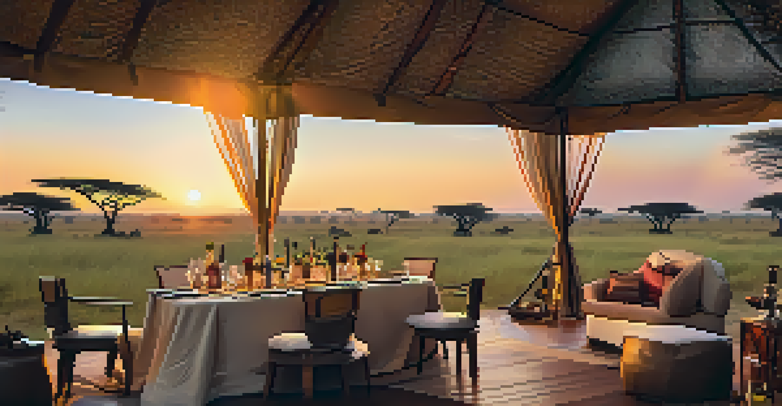 A luxury tented camp in the African savannah at sunset, featuring elegant furnishings and a dining setup under the stars.